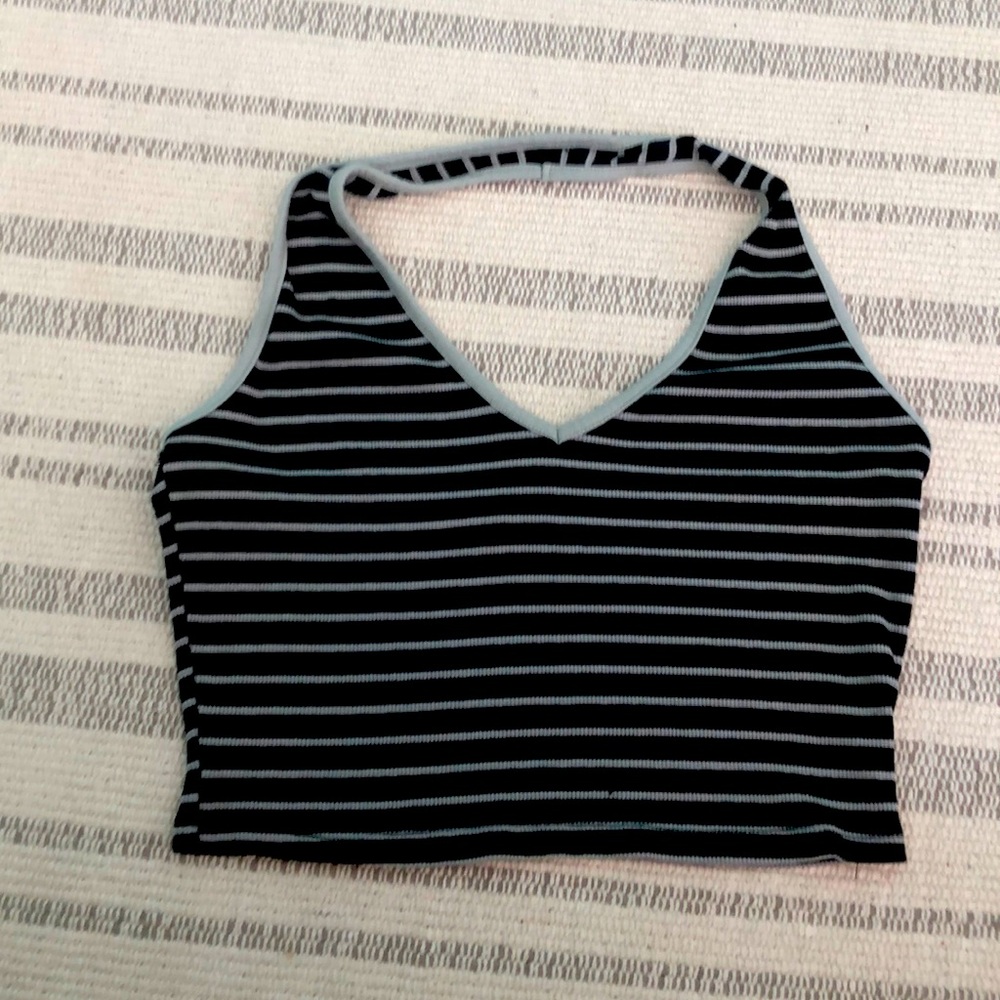 Halter tank top, striped navy blue and aquamarine